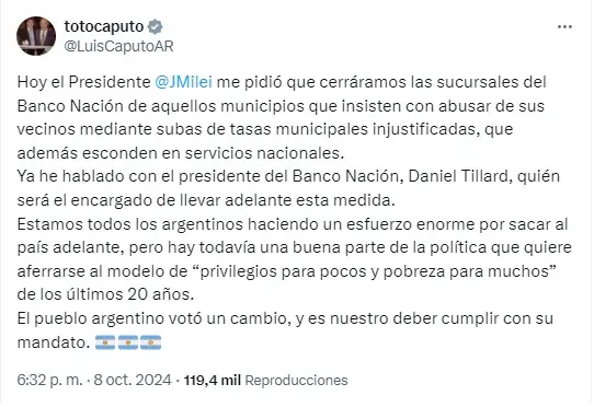 Luis Caputo amenazó a municipios que cobren las tasas en las facturas de los servicios