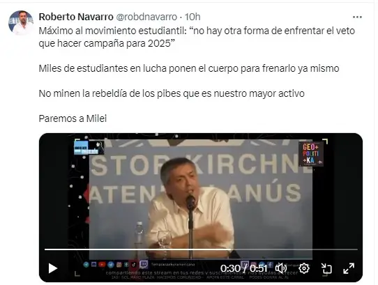 El mensaje de Roberto Navarro sobre el discurso de Máximo Kirchner