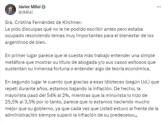 Parte de la carta que Javier Milei le escribió a Cristina Kirchner