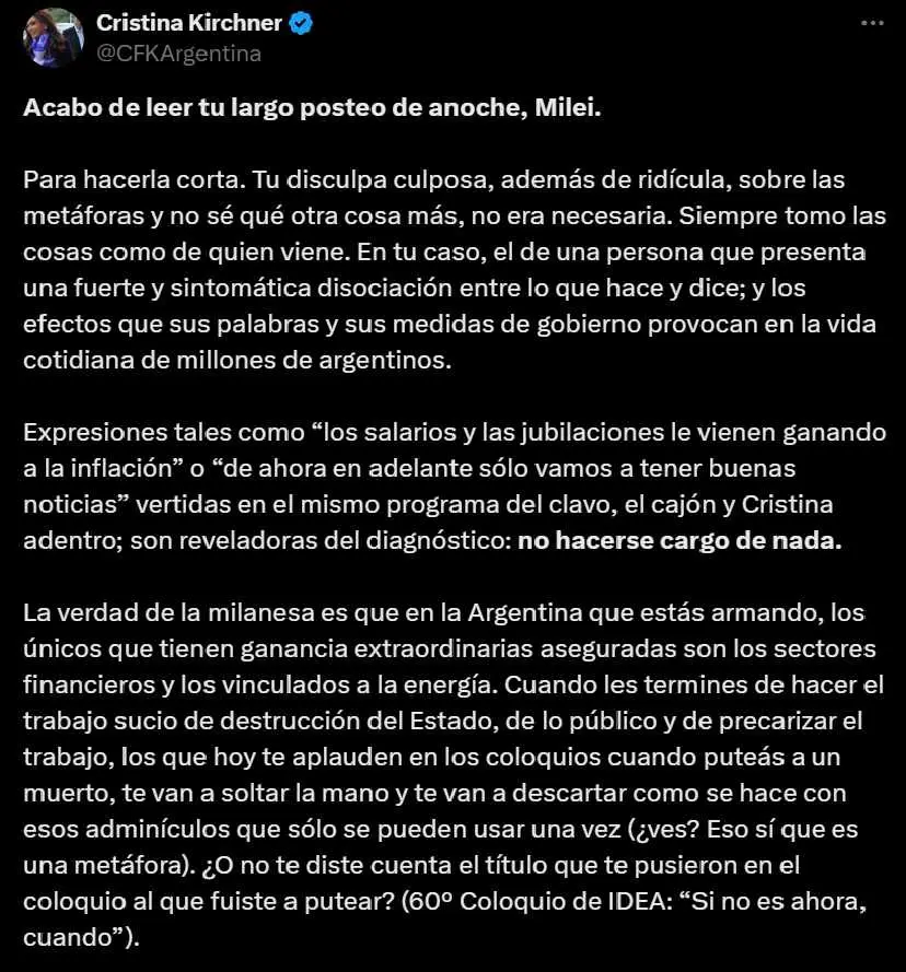 Parte de la respuesta al Presidente que escribió Cristina Kirchner en su cuenta de X.
