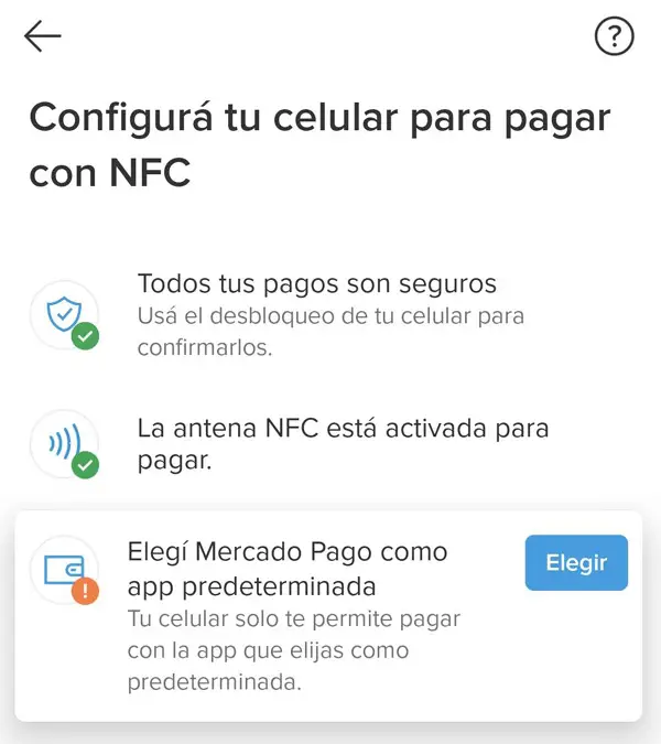 Se puede elegir a Mercado Pago como la aplicación predeterminada para el pago con NFC.