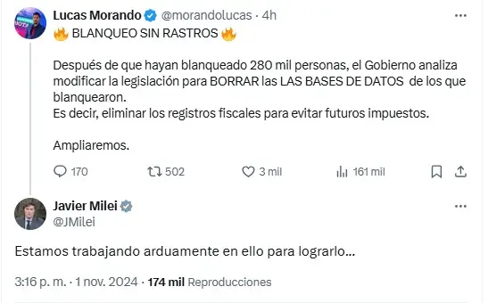 Javier Milei confirmó que se buscará eliminar la base de datos de quienes entraron en el blanqueo