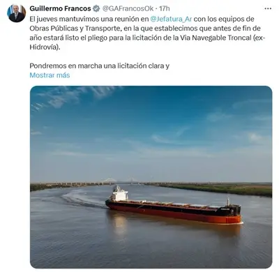 El Gobierno adelantó que antes de fin de año licitará los pliegos para la Hidrovía