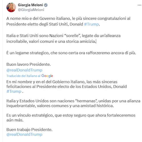 Giorgia Meloni envió sus felicitaciones, subrayando la profunda alianza entre ambos países