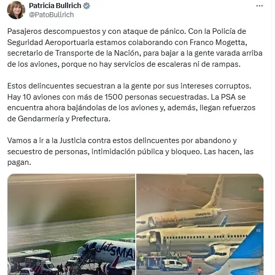 El mensaje de Patricia Bullrich en redes contra el paro en Intercargo