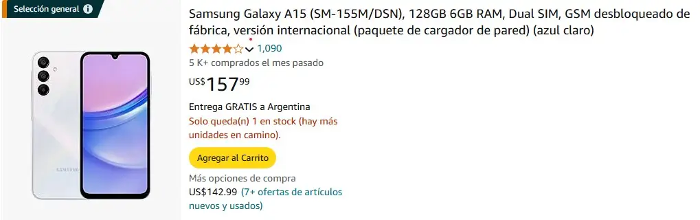 Algunos celulares son con 'entrega gratis a Argentina', según se detalla en Amazon