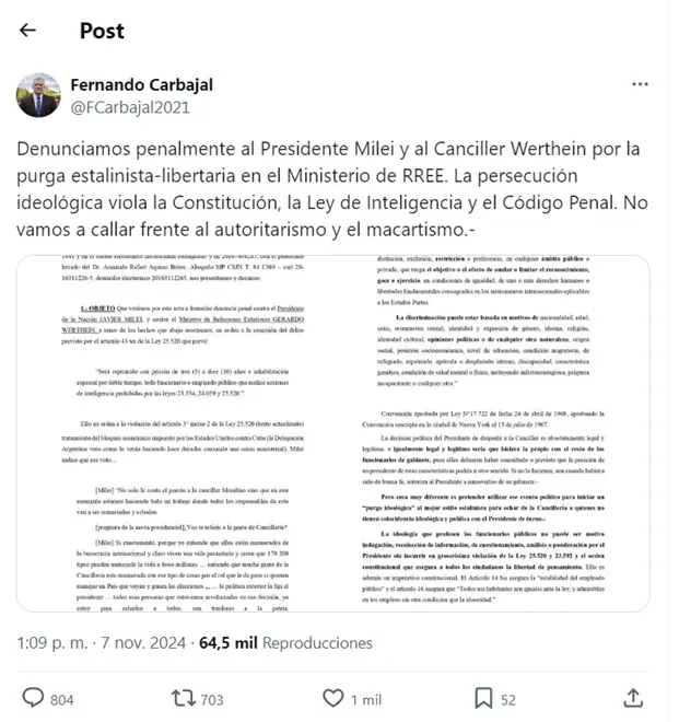 Fernando Carbajal denunció penalmente Milei y Werthein por la purga en Cancillería