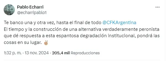 Pablo Echarri respaldó a Cristina Kirchner en redes