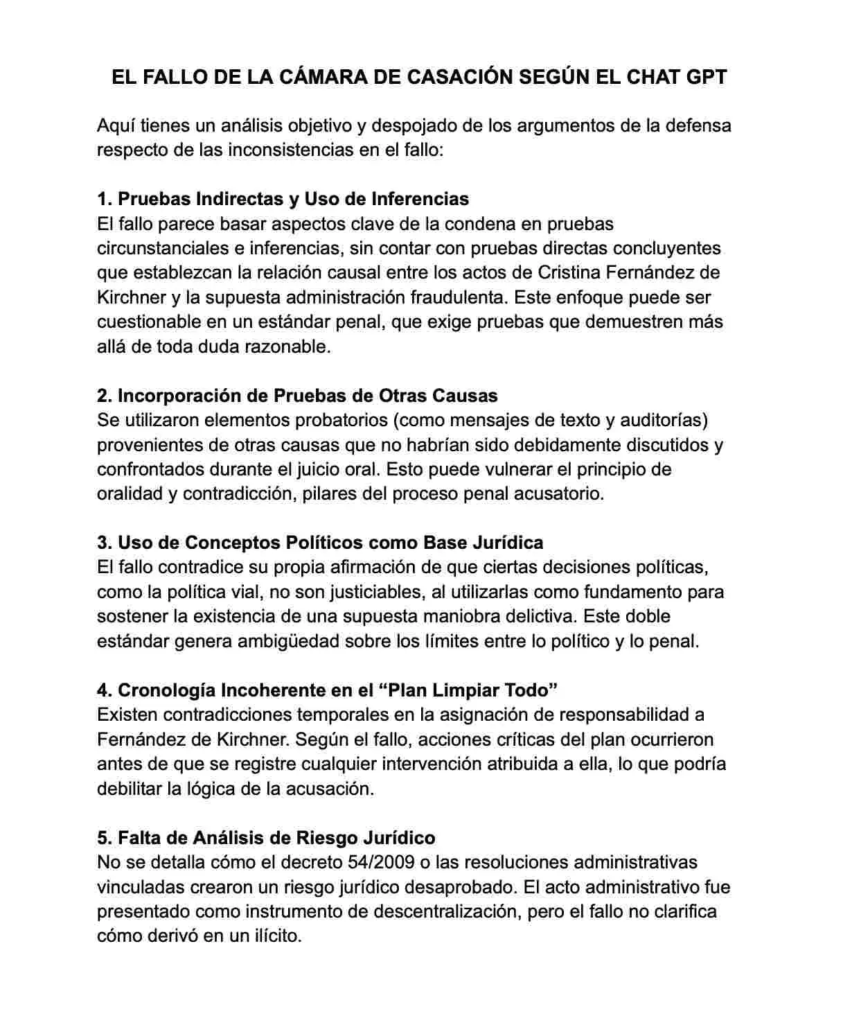 CFK acompañó su publicación con un resumen sobre el fallo de Casación de ChatGPT