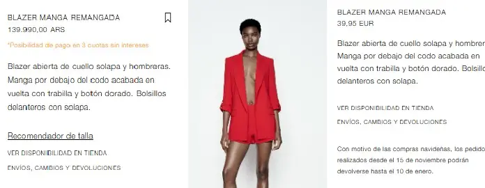 El mismo blazer de Zara sale tres veces más caro en Argentina que en España
