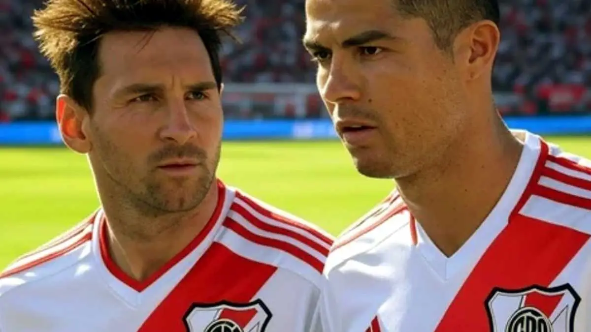 Lionel Messi y Cristiano Ronaldo con la camiseta de River Plate, según Grok.