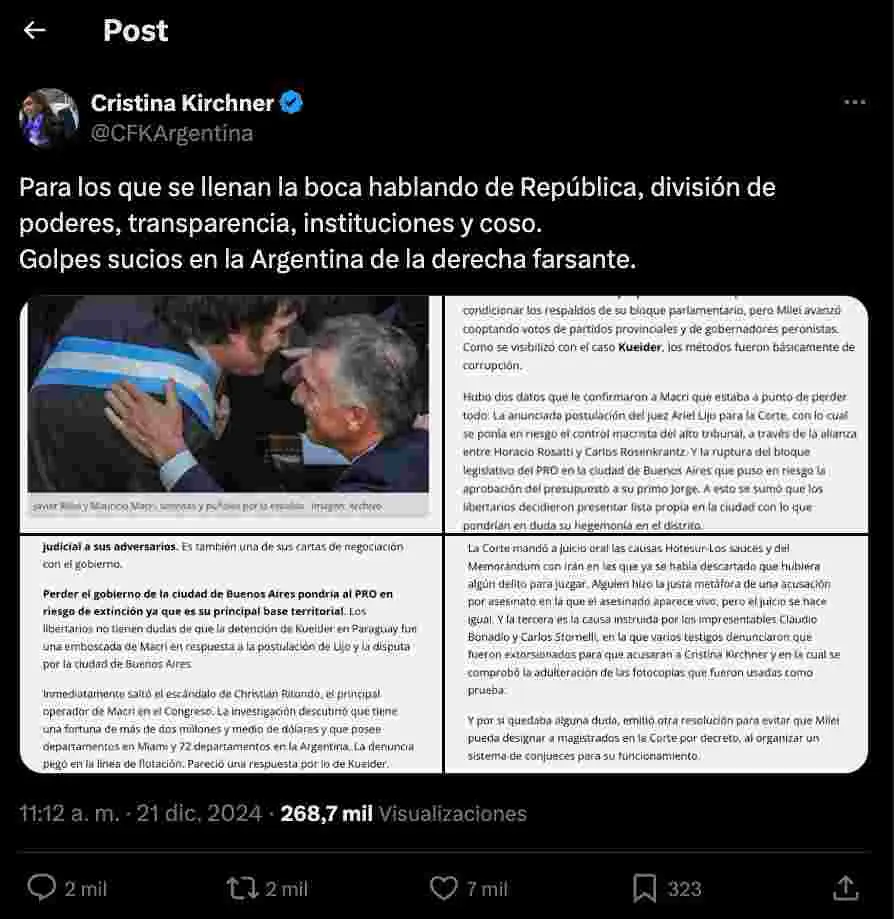 El post de Cristina Kirchner en X