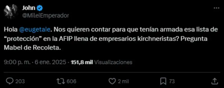 El tuit de una cuenta atribuida a Santiago Caputo contra la extitular de la AFIP