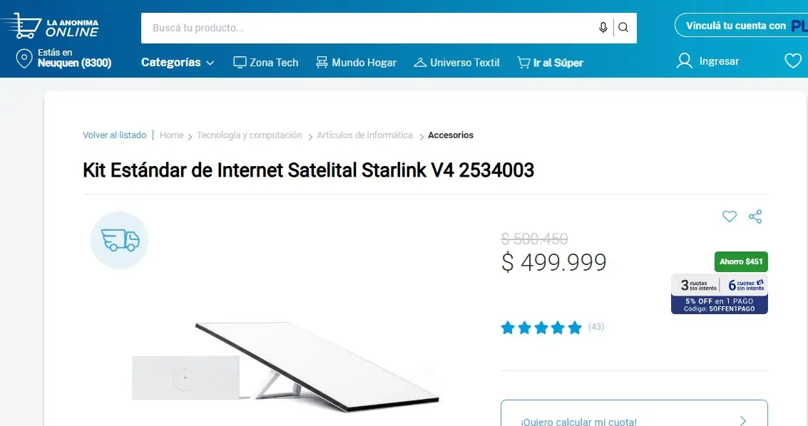 El kit de Starlink en la página del supermercado La Anónima