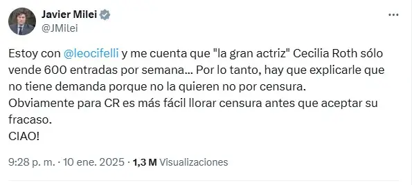 El mensaje de Javier Milei contra Cecilia Roth