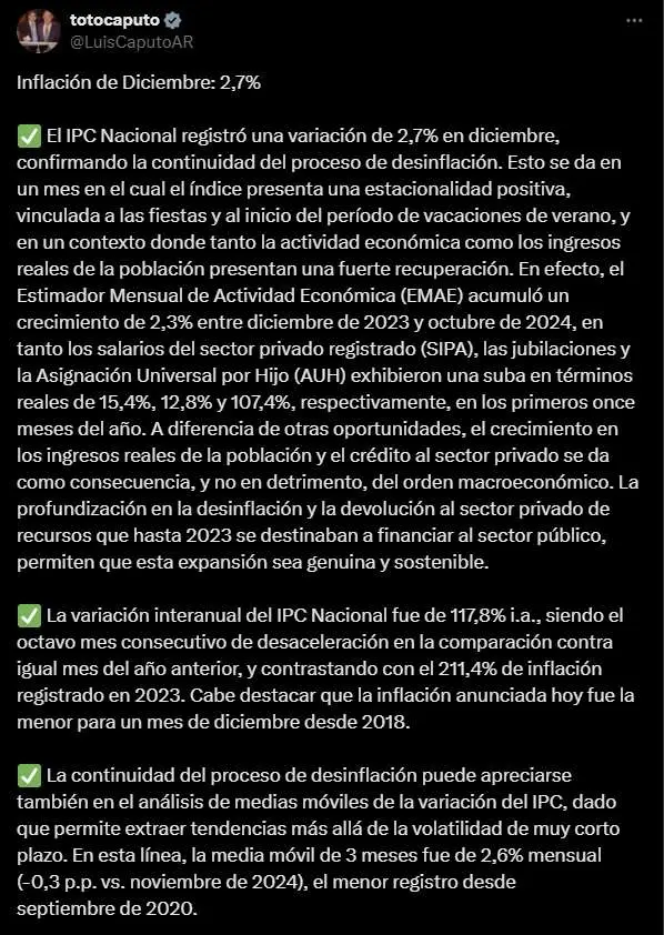 El mensaje de Luis Caputo luego de conocer el dato de inflación de diciembre