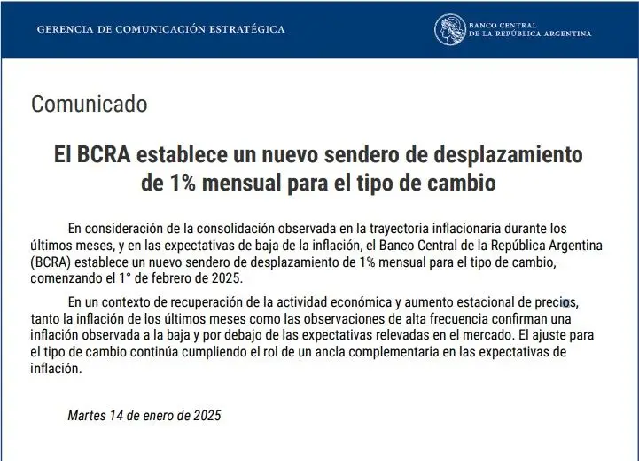 El comunicado del Banco Central sobre la devaluación del tipo de cambio oficial