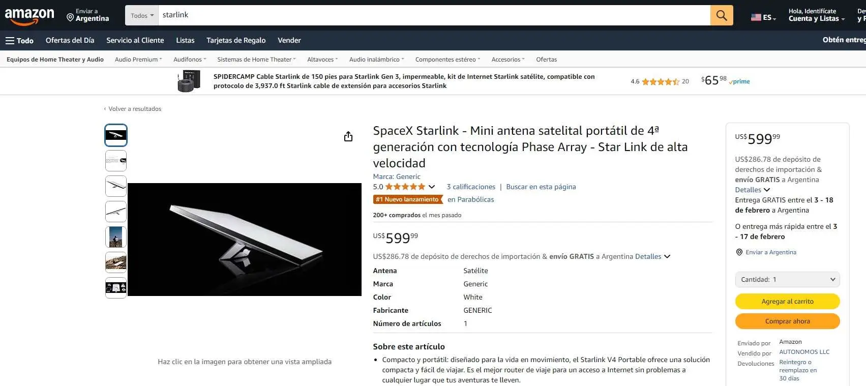 El kit de Starlink en Amazon, más caro de lo que se consigue en Argentina