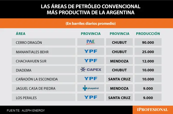 Las áreas de petróleo convencional más productivas en la Argentina