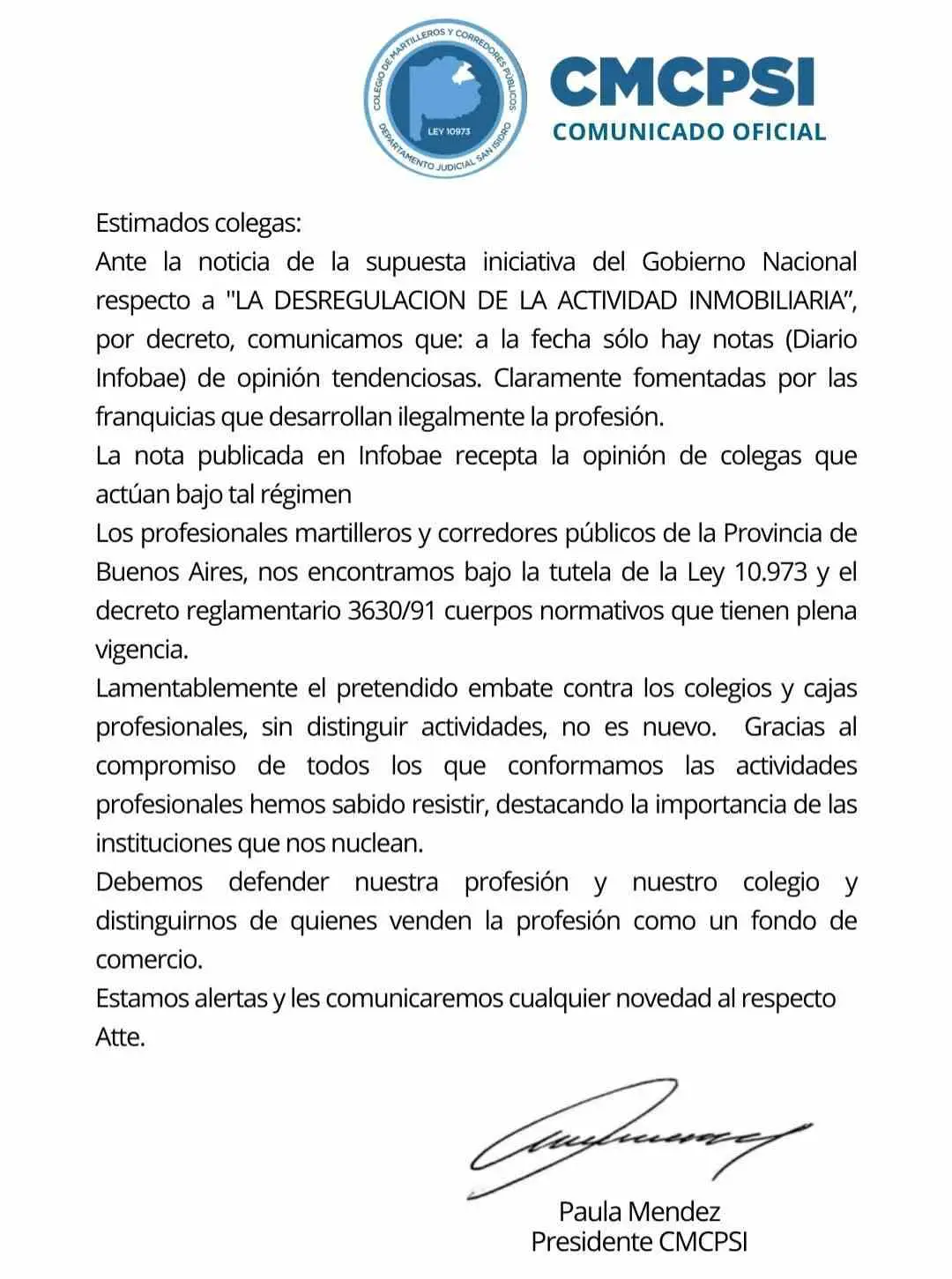 El mensaje del Colegio de Martilleros de San Isidro