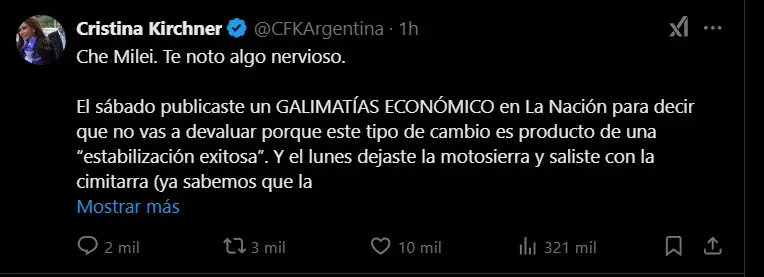  La dura crítica de Cristina Kirchner a Javier Milei: 'Te noto algo nervioso'