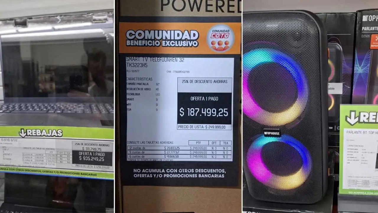 El outlet de Coto vende computadoras, televisores y parlantes más baratos