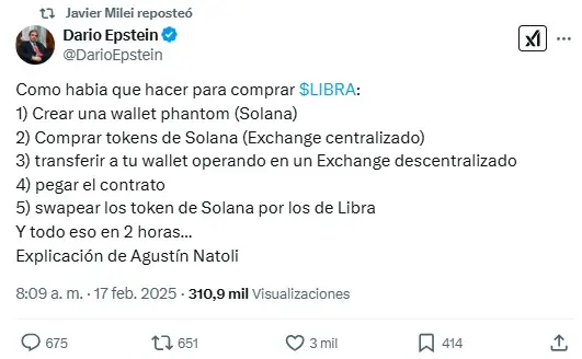 El repost de Javier Milei al instructivo para comprar $LIBRA