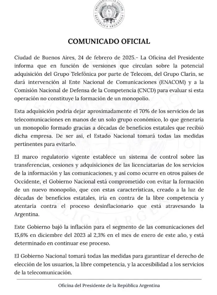 El comunicado del Gobierno, tras conocerse la venta de Telefónica Argentina a Telecom.