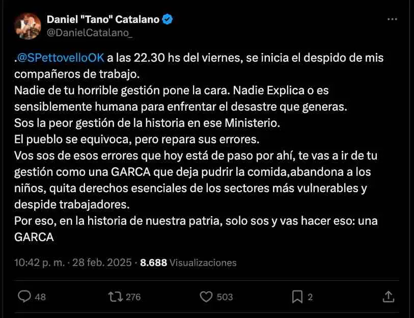  Daniel Catalano, secretario general de ATE Capital, criticó a Pettovello en X