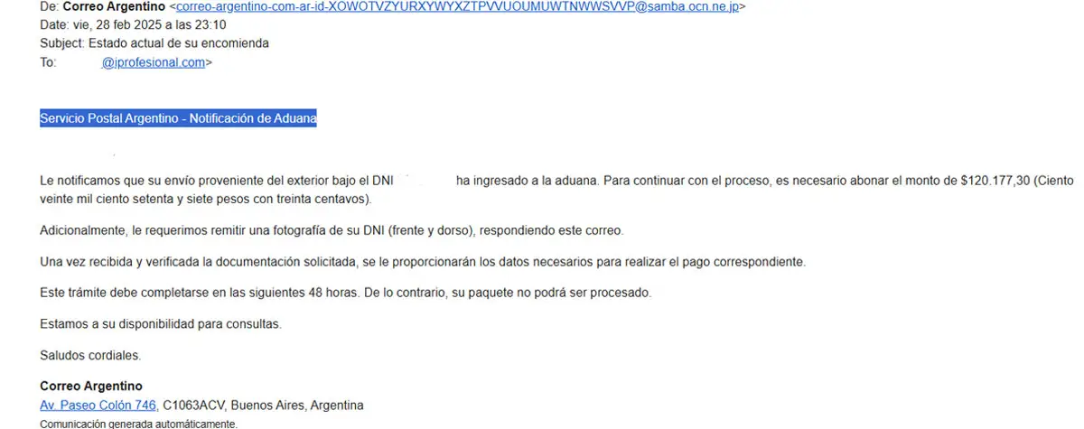 Mensaje falso del Correo Argentino donde se pide fotos del DNI de la víctima.
