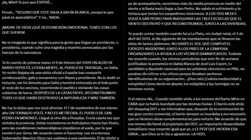 Cristina Kirchner criticó a Javier Milei por no viajar a Bahía Blanca 