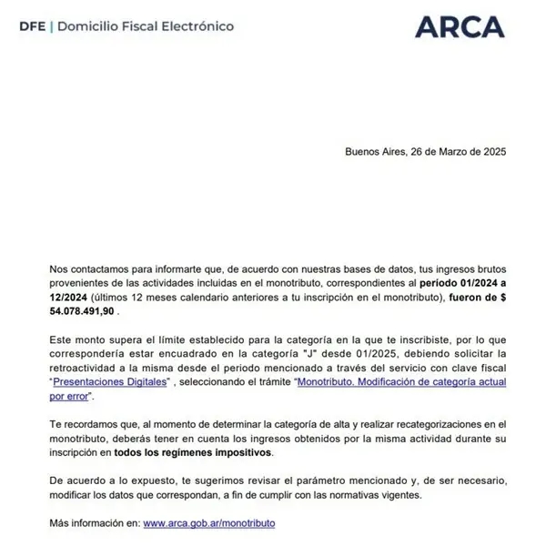 Carta de ARCA para monotributistas