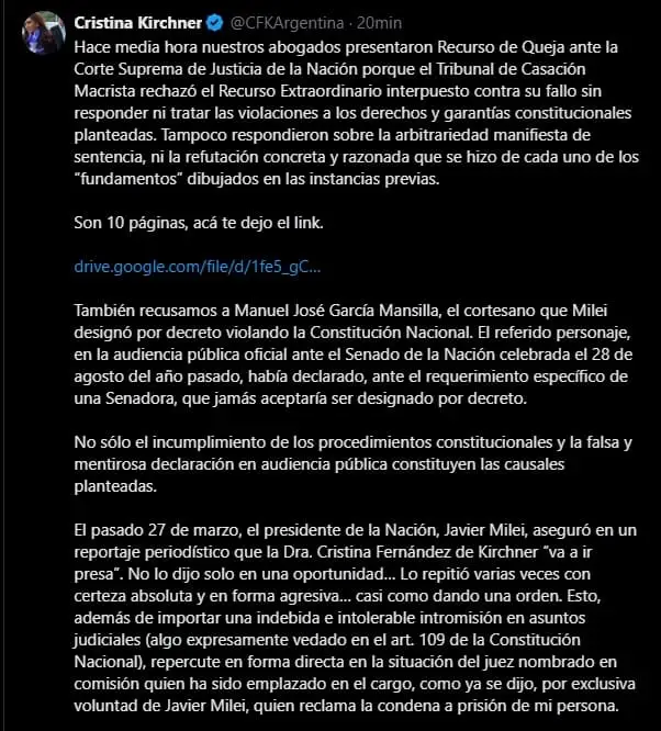 Cristina Kirchner presentó el recurso de 'queja' por su condena en la causa Vialidad