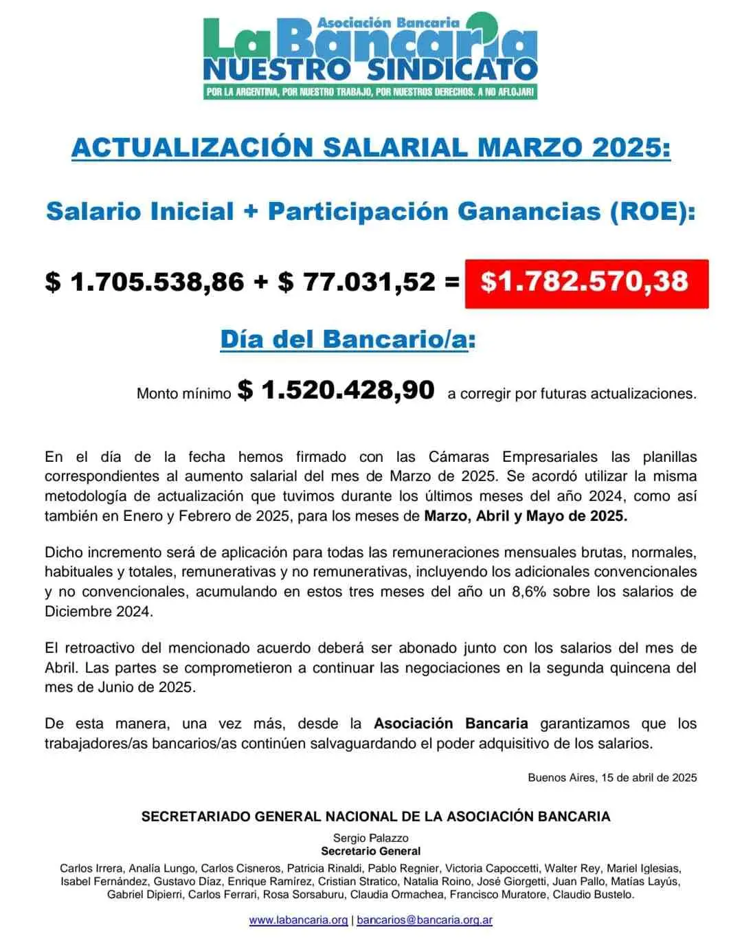 La Bancaria anunció un nuevo aumento de sueldo en las paritarias