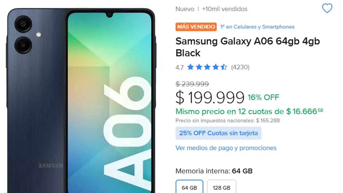 El Samsung Galaxy A06 era el celular más vendido en Mercado Libre en la 4° semana de mayo.