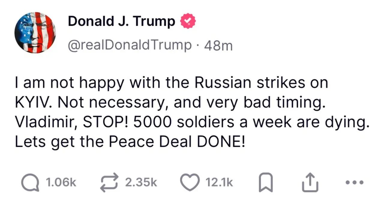 El mensaje que Trump publicó, tras los ataques de Putin contra Kiev.