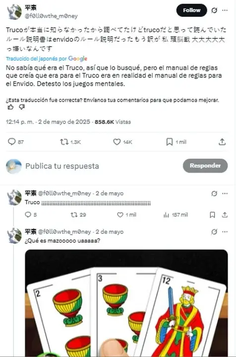 Uno de los mensajes en redes que se viralizaron: japoneses queriendo jugar al truco