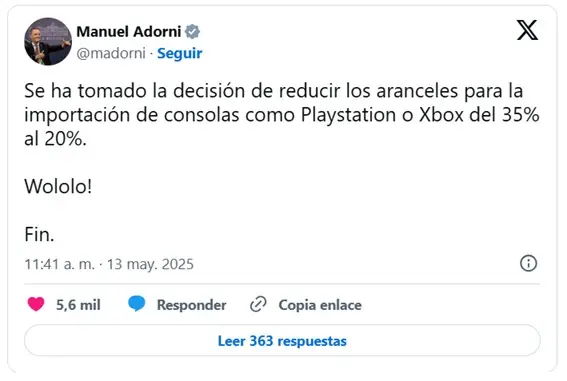 Se reducirán los aranceles para la importación de consolas como Play Station o Xbox del 35% al 20%.