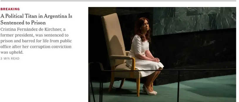 La publicación de The New York Times: 'Un titán político en Argentina es sentenciada'