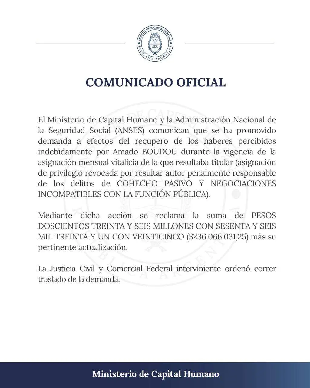 El comunicado con el que el Gobierno pide a Amado Boudou que devuelva sus jubilaciones