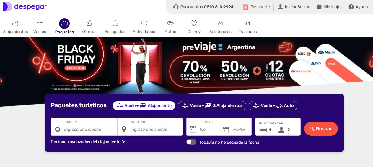 La portada de Despegar.com