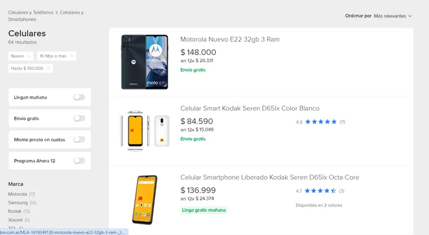 Mercado Libre permite buscar celulares