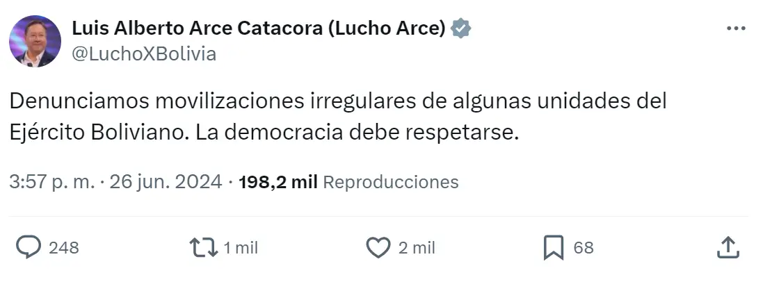 Luis Arce hizo eco del inminente conflicto en sus redes sociales.