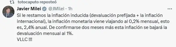Milei destacó que, si se resta el 2% del crawling peg, Argentina está a tono con la inflación global