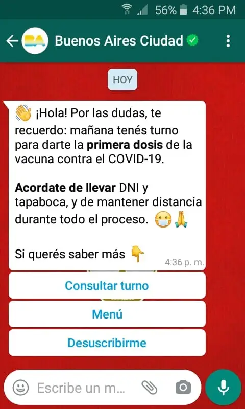 Ejemplo notificación automática de Boti, con el recordatorio de turno 24 hs previas a la cita.