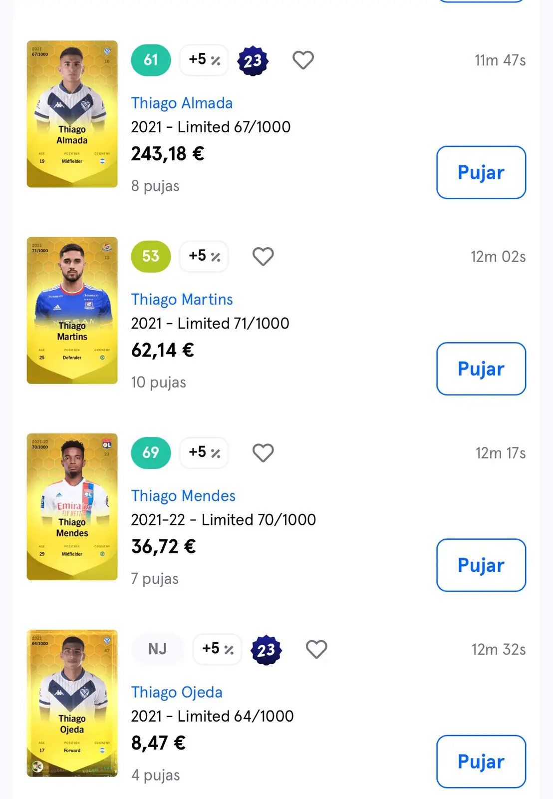 Cartas en el mercado de Sorare