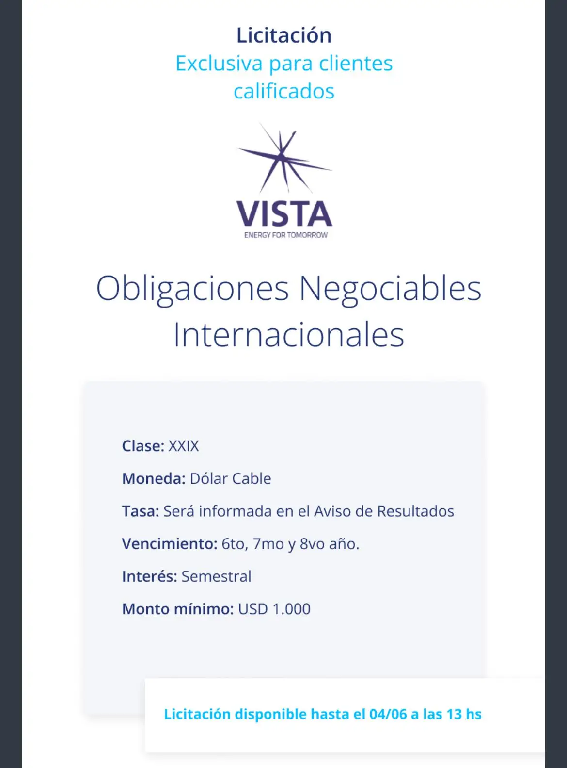 Nueva ON de Vista (Fuente: Balanz)