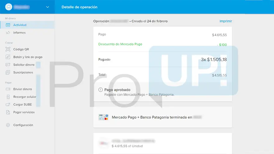 Detalle en Mercado Pago de una compra en un mayorista con el 5% de descuento (tope de 100%) y tres cuotas sin interés