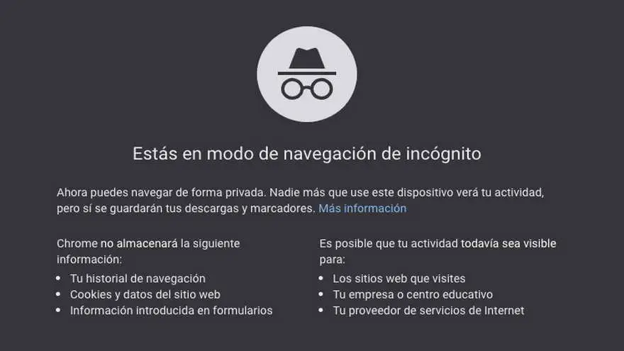 Esto es lo que indica Chrome cuando entrás el modo de navegación privada