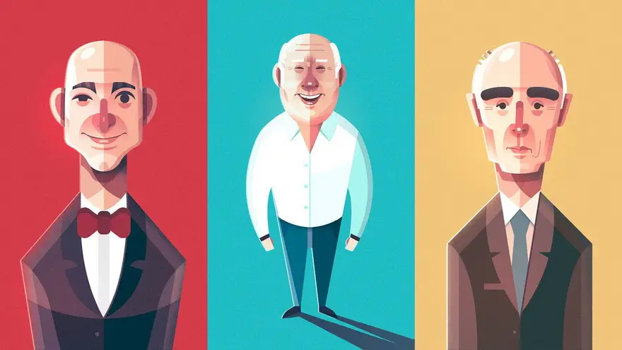 Ilustraciones de Jeff Bezos, Amancio Ortega y Rafael del Pino. Por Ricardo Polo
